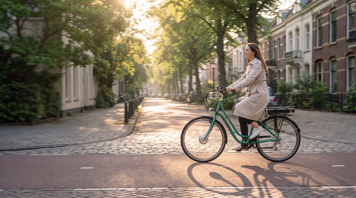 Frau fährt ein mintgrünes Saxonette E-Bike durch eine Allee im Morgenlicht