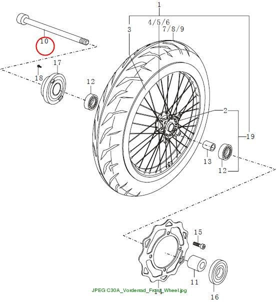 Axle, front M14x1.5x224