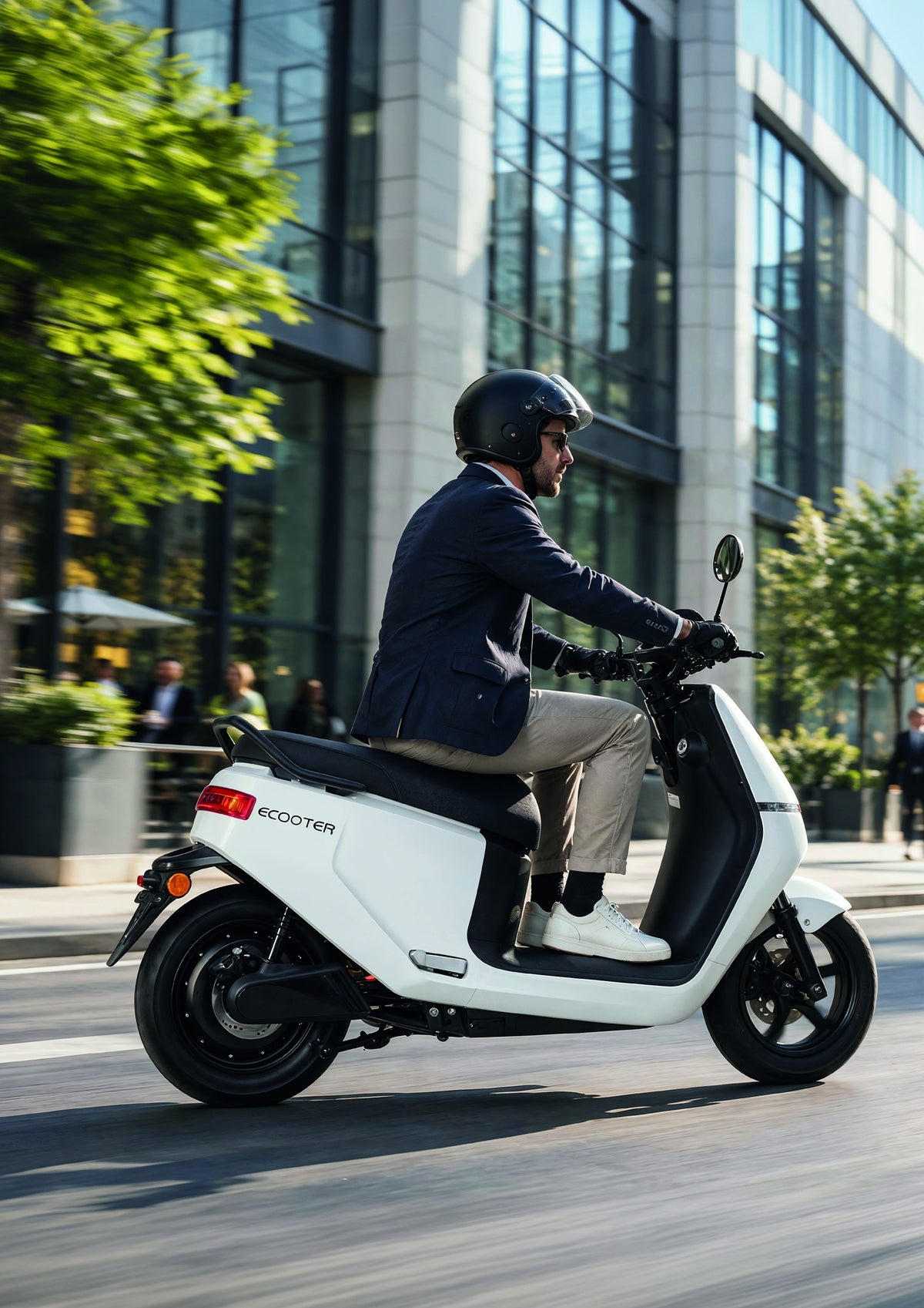 Fahrer auf einem weißen Ecooter E2H in der Stadt