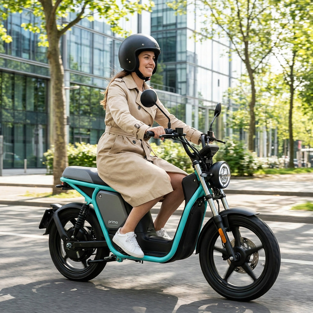 Frau fährt mit dem SAXXX Elektroroller durch die Stadt